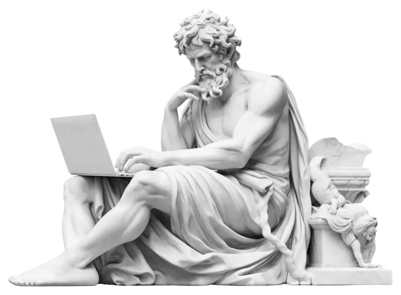 Classical sculpture writing on a laptop